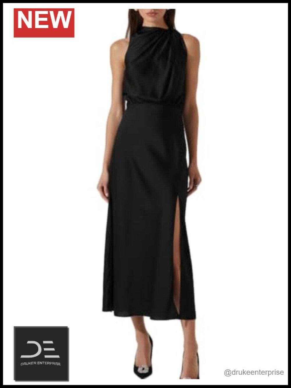 Satin High Neck Sleeveless Midi Dress Mock Neck Formal Wedding Guest